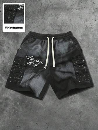 Street Life Pantalones cortos de estilo callejero para hombres con bolsillos cargo y estampado americano decorativo