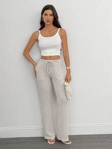 SHEIN Tall 高腰修身女士时尚系带条纹裤 - 彩色 - 查看 8