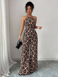 Selianne 女士印花面料束腰连体裤，优雅度假和日常穿着 - 棕色 - 查看 5