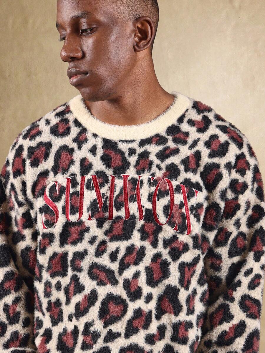 Sumwon Fuzzy Leopard Print Jumper Crew Neck Long Sleeve Winter Fall Streetwear Cozy Casual Pullover Animal Pattern Sweater - Multicolor - View 1