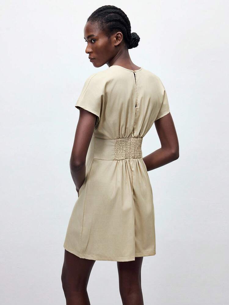 SHEIN Maija 2025 Summer New Arrival Elegant Cocktail Dresses, Suitable For Wedding Guests, Brunch, Airport, Boho Vacation, Beach Music Festival, Easter, Graduation, Casual Daily Wear, With Neckline Tie, Bowknot Design, Short Sleeve, Mini Length