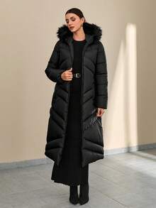 CLARA VERO Fashionable Elegant Solid Color Faux Fur Hooded Long Coat, Versatile For Winter Long Winter Coat Women Women's Winter Coats Everyday Going Out Black - Black - View 3