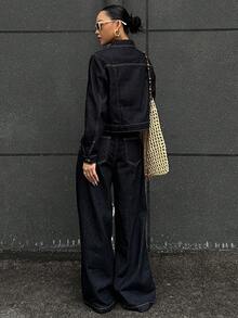 DAZY 女士休闲通勤牛仔夹克和裤子套装秋冬 - 藍色 - 查看 6