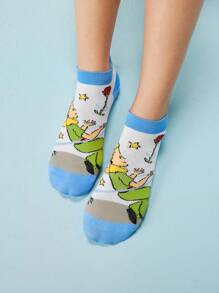 LE PETIT PRINCE X SHEIN 4 双柔软透气吸湿排汗休闲女士短袜时尚可爱卡通图案短袜加固脚趾和脚跟，适合所有季节，百搭，月亮和星星