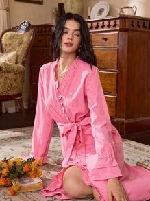 Elegant Ruffled French Style Bathrobe, Soft Loungewear For Women - Pink - View 4
