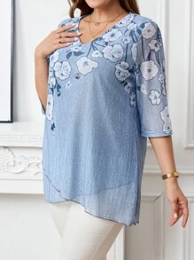 EMERY ROSE 大码女式休闲印花短袖衬衫，秋季大码，秋季上衣，教师大码，外出，飘逸上衣 - 彩色 - 查看 4