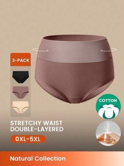 LUVLETTE Plus 3-Pack Airy Cotton Basics High-Waist Briefs Women Underwear Panties Set-Earthy Comfort