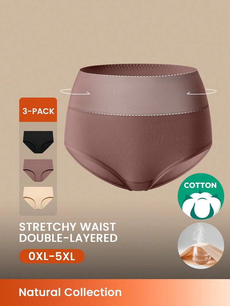 Plus 3-Pack Airy Cotton Basics High-Waist Briefs Women Underwear Panties Set-Earthy Comfort