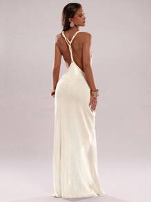 SHEIN BAE 女士海滩度假休闲波西米亚镂空设计连衣裙 - 杏色 - 查看 5