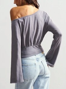 Bohemela 波西米亚风美式休闲纯色针织单肩喇叭袖女式T恤 - 灰色 - 查看 7