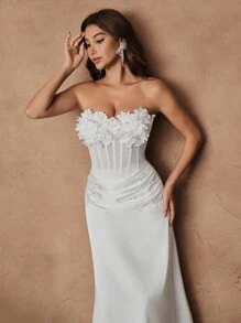 SHEIN Unity 女士白色优雅套装，3D 花卉装饰吊带背心和白色中长裙，适合生日派对和宴会 - 白色 - 查看 3