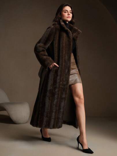 Anewsta Luxury Vintage Faux Fur Long Sleeve Straight Waist Belt Fitted Winter Outerwear Jacket