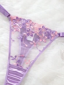 SHEIN 2 件女士紫色浪漫情人节内衣套装，性感透明文胸和内裤套装 - 紫色 - 查看 4