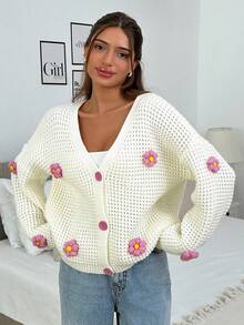 EURMUSE Women's Casual Drooped Shoulder Loose Hand Embroidered Floral Knit Cardigan - Beige - View 4