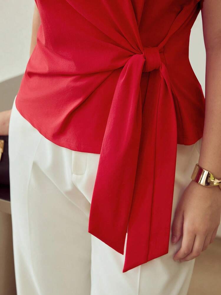 CHRISTMAS PLUS SIZE KNOT SIDE CAP BATWING SLEEVE SOLID T-SHIRT