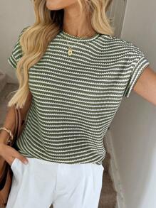 Easowa 女式宽松圆领短袖华夫格纹理条纹 T 恤，休闲优雅度假装 - 彩色 - 查看 5