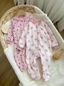 2 件套新生儿女孩可爱猫咪和心形印花罗纹领前拉链长袖连脚柔软保暖羊毛连体衣睡衣，适合秋冬季 - 粉色 - 查看 3