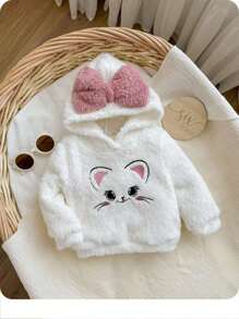 Babygirl Cute Versatile Fuzzy Cartoon Embroidered Pattern Pink Bow White Hoodie, Autumn/Winter