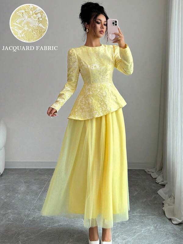 Selianne Vestido largo con mangas abullonadas, cintura ceñida y parches de malla, de tela jacquard amarillo claro, de estilo urbano y elegante, adecuado para bodas, ocasiones formales, festivales, vacaciones, citas, otoño/invierno