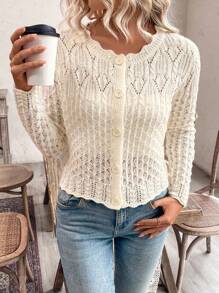 SHEIN PETITE 女士圆领镂空前扣开衫，针织毛衣外套，秋冬 - 米色 - 查看 3
