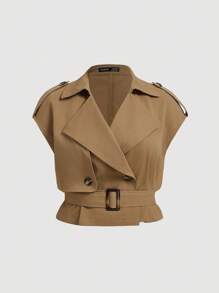 SHEIN MOD 加大码咖啡棕色优雅百搭无袖亚麻腰带短款风衣背心和高腰阔腿裤两件套，优雅，两件套女士，摩卡棕色，秋冬女士教师装 - 咖啡棕 - 查看 8