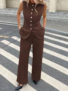 Serisse 2件套女士纯色前扣无袖上衣和长裤休闲装 - 棕色 - 查看 6