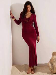 Opulessa Damen Einfarbiges Kleid mit drapiertem Ausschnitt, langem Ärmel und figurbetonter, sexy Passform - Bordeaux - Übersicht 4