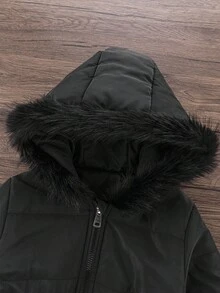 Genkimix Kids 女童黑色连帽加厚高腰罗纹修身时尚羽绒服，秋冬季休闲百搭外套，女童黑色带毛领羽绒服，幼儿女童冬季外套，儿童黑色冬季夹克，幼儿女童黑色连帽羽绒服