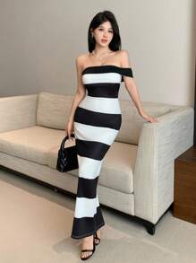 Celisse Neues Mode breites Streifen Off-Shoulder Schlitz Maxikleid aus Strick