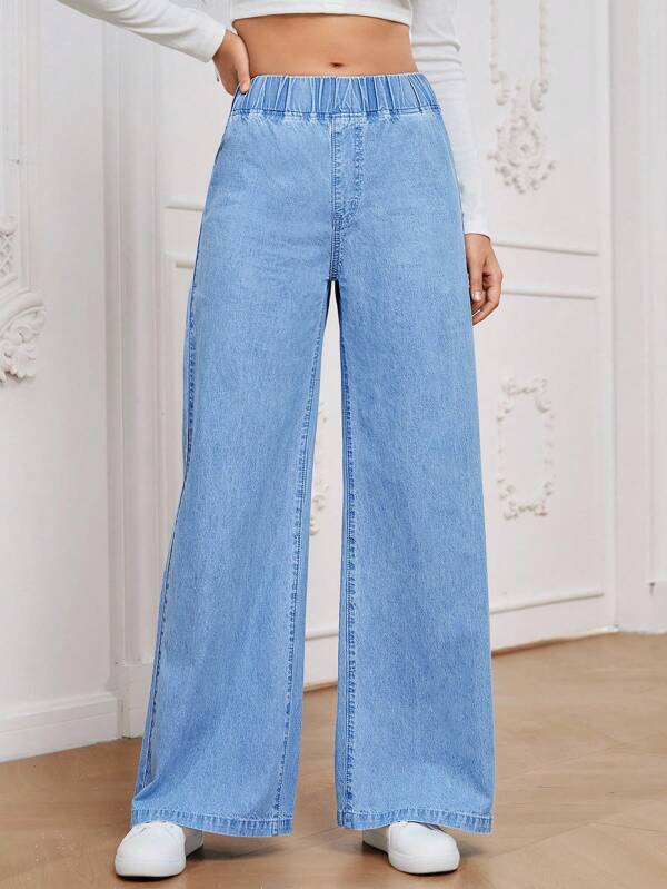 EMERY ROSE Damen Alltagstaugliche, vielseitige, elastische Taille, weite Beine, locker geschnittene, mittelblau gefärbte, reguläre Denim Hose aus dünnem Gewebe