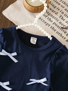 SHEIN Süßes Baby Mädchen Langarm Shirt mit Schleife, Puffärmel, Navy Blau, Herbst/Winter