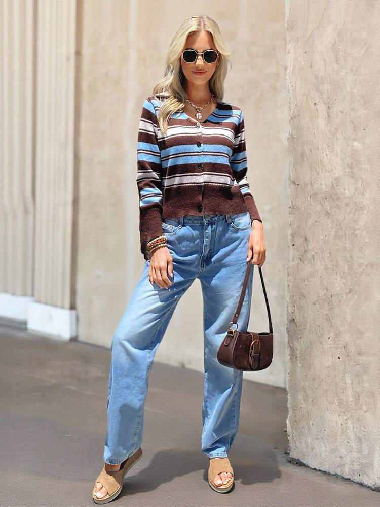 SHEIN LUNE 休闲时尚百搭纽扣式长袖女开衫 条纹女开衫 夏季女式开衫 女式夏季毛衣 女式短款开衫 秋冬女式毛衣 - 咖啡棕 - 查看 4