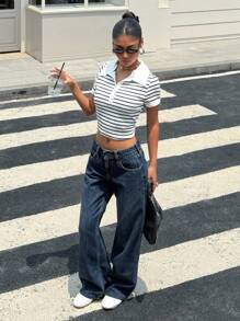 Muchica 黑白条纹针织修身女式短袖 T 恤