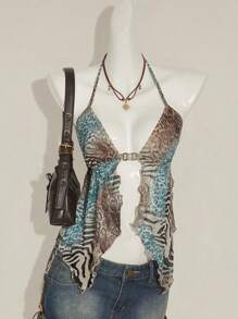 SHEIN ICON 女式豹纹不对称下摆无袖上衣，复古豹纹露背吊带背心 - 彩色 - 查看 1