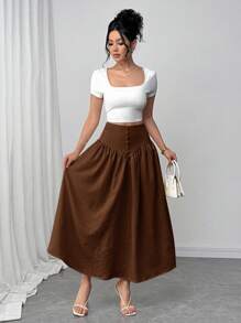 Firerie 新款休闲百搭轻薄仿亚麻喇叭裙，夏日度假波西米亚风优雅休闲裙 - 棕色 - 查看 3