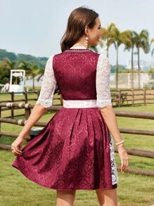 Firerie 女士优雅的慕尼黑啤酒节蕾丝边方领交叉系带可拆卸蕾丝围裙 A 字短款酒红色连衣裙、连衣裙