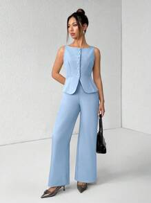 SHEIN PETITE 女士纯色圆领单排扣背心和裤子优雅通勤套装，夏秋季女装女套装办公室装商务休闲女两件套秋季女装办公室装女套装女式西装套装