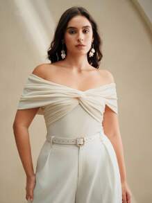 Anewsta Fashionable Elegant Shoulder Cutout Twist Front Crop Top, Suitable For Summer, Classy, Elegant, Beach, Festival, Holiday, Casual - Apricot - View 6