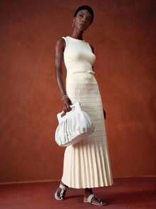 Zivah 纯色褶皱镂空修身优雅无袖针织连衣裙 - 杏色 - 查看 8