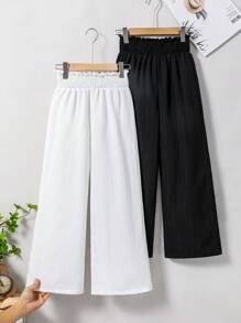 2 piezas Pantalones anchos con volantes casuales, versátiles para vacaciones, playa, campo y uso diario para niñas - Multicolor - Ver 3