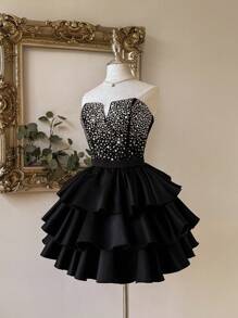 Lovelzi 优雅、浪漫、性感的黑色缎面面料，深 V 领，收腰，紧身胸衣，大量水钻装饰，有骨紧身胸衣，后背系带，A 字裙，褶皱设计，适合毕业典礼、学校开学典礼、音乐节、生日派对、婚礼、舞会礼服 - 黑色 - 查看 4