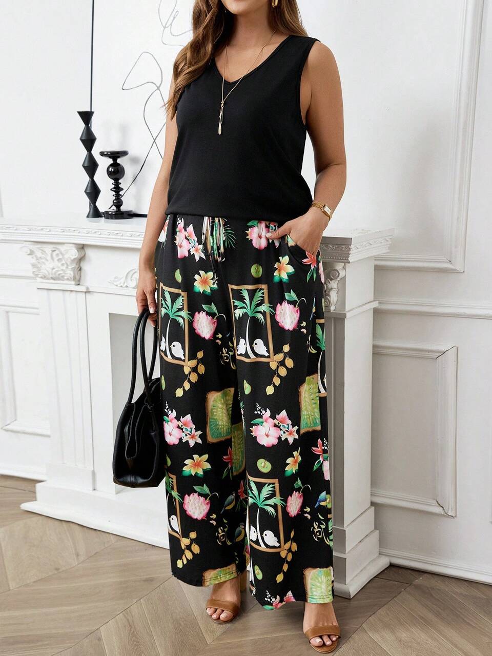 Plus Size Sleeveless V-Neck Tank Top & Tropical Fruit Plant Print Pocket Pants 2 Pieces Set,Multicolor,Summer,Boho,Beach,Holiday Knit Outfits Women
