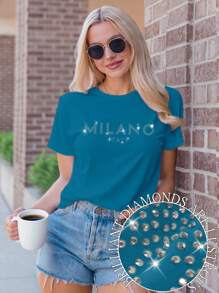 SHEIN Unity 女款 MILANO ITALY 字母印花 T 恤短袖休闲上衣 MILAN ITALY 图案 T 恤女款上衣