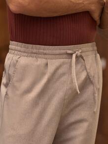 Manfinity VCAY 男士亚麻混纺休闲裤，褶皱设计，简约舒适，夏季男士亚麻裤，男士米色裤子，男士抽绳裤，男士亚麻长裤，男士休闲亚麻裤，秋季 - 棕色 - 查看 6