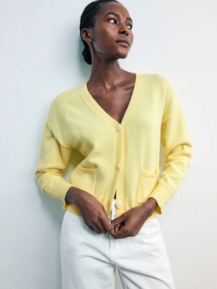 SHEIN Maija Damski, solidny, oversize'owy kardigan z dekoltem w serek i kieszeniami naszytymi, odpowiedni na miejskie spotkania towarzyskie, wakacje, imprezy, jesień, do biura, uniwersalny i wygodny na jesień i zimę, nowoczesny, miejski, swobodny, modny, biznesowy, swobodny strój do biura