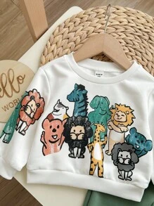 2 件套婴儿男孩/女孩休闲日常柔软可爱蜡笔动物印花圆领运动衫和松紧腰裤套装，适合外出、日常聚会、秋冬季 - 白色 - 查看 3