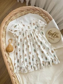 Bé Gái Dễ Thương ASlouchylouchy Họa Tiết Gấu Dệt Kim Váy Ngủ Có Đường Viền Cổ Bong Bóng Và Viền Ruffle Viền - Màu Khaki - Xem 2