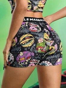 MADBALLS X SHEIN 女士黑色全印花卡通图案骑行短裤，酷炫百搭，适合休闲、万圣节、哥特风、秋季、返校季、外出、万圣节服装、返校节、秋冬季等各种场合。 - 黑色 - 查看 1