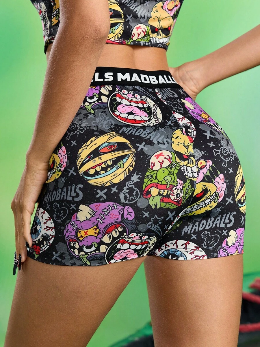MADBALLS X SHEIN 女士黑色全印花卡通图案骑行短裤，酷炫百搭，适合休闲、万圣节、哥特风、秋季、返校季、外出、万圣节服装、返校节、秋冬季等各种场合。 - 黑色 - 查看 1