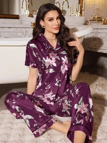 LuxeNights Floral Print Faux Silk Collar Short Sleeve Top & Pants Pajama Set - Purple - View 6